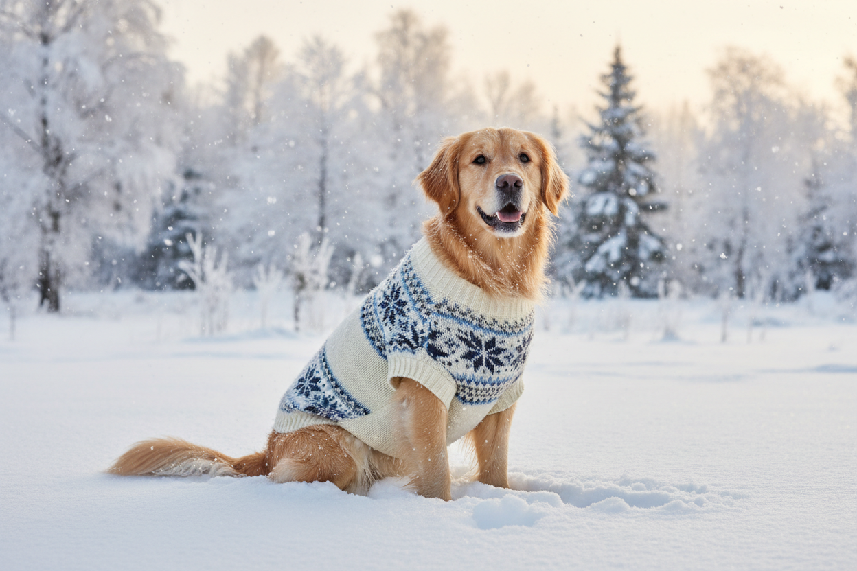Golden retriever in a sweater, sitting on a snow
