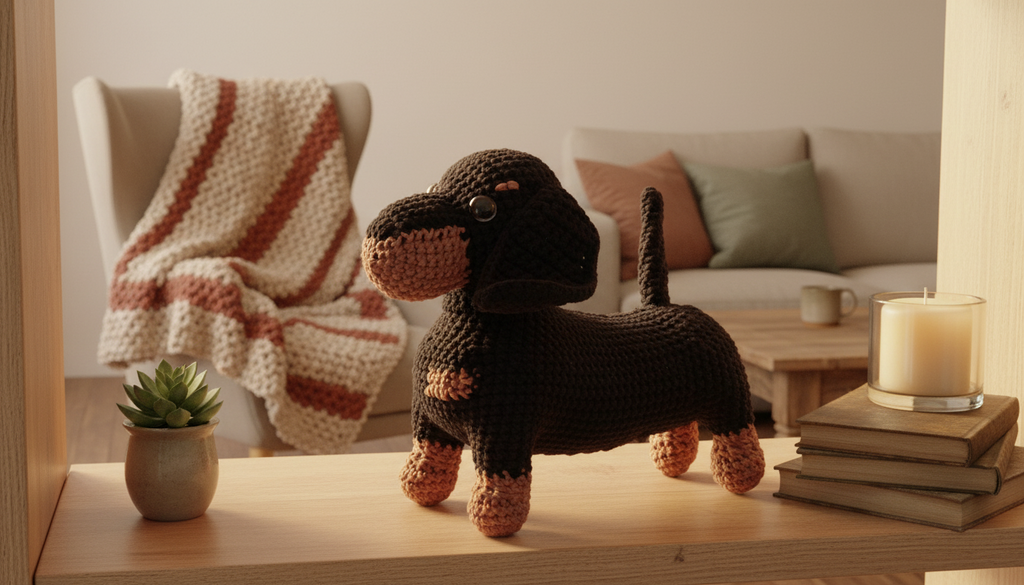 A black and tan dachshund decoration on a cozy shelf