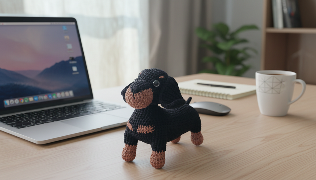 A black and tan crochet dachshund plushie on an office desk