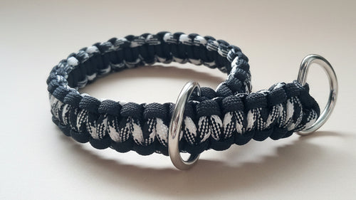 Black and white braided dog collar with metal d-ring