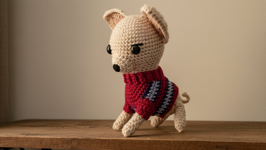 Crocheted dog plushie wearing a red sweater with blue patterns on a wooden surface.