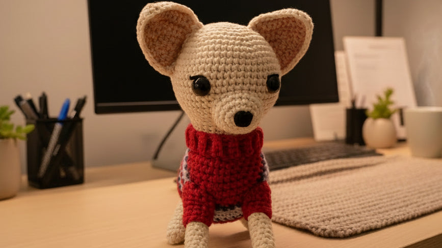 Crocheted dog plushie wearing a red sweater on a desk with office items in the background