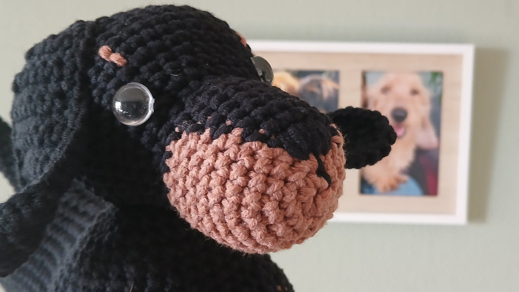 Crochet dachshunds's head, picture frames with real dachshunds in the background 
