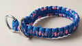 Blue and pink braided dog collar with metal rings