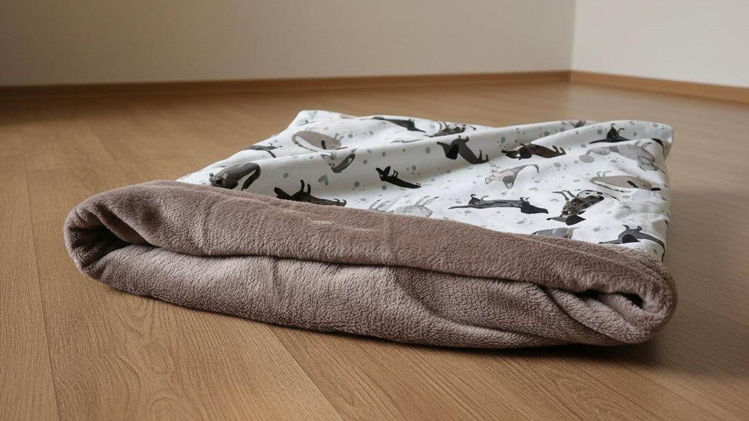 Dog sleeping bag laying flat on the floor