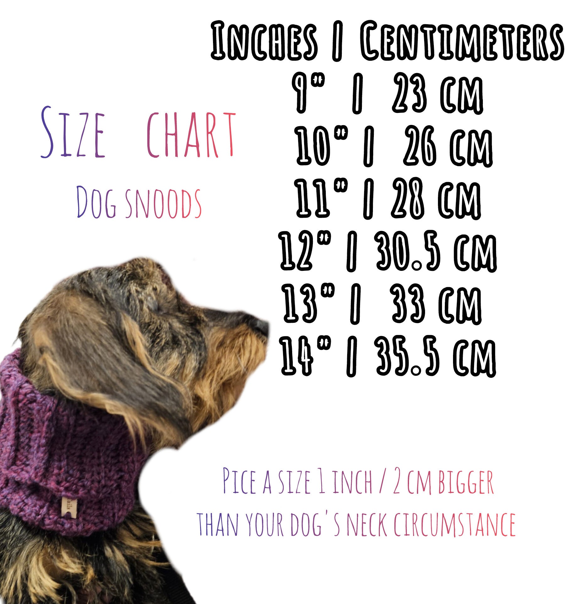 Size chart of available sizes of dog snoods (see description of this listing)
