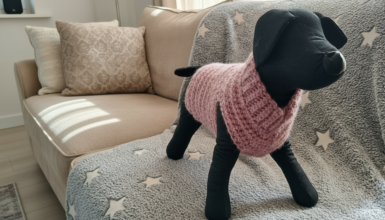 A dog mannequin wearing a crochet dog sweater in small size