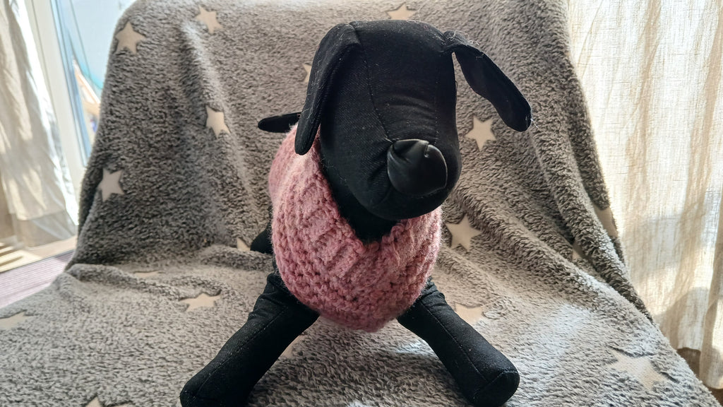 Crochet dog sweater on a small dog mannequin, showing front of it