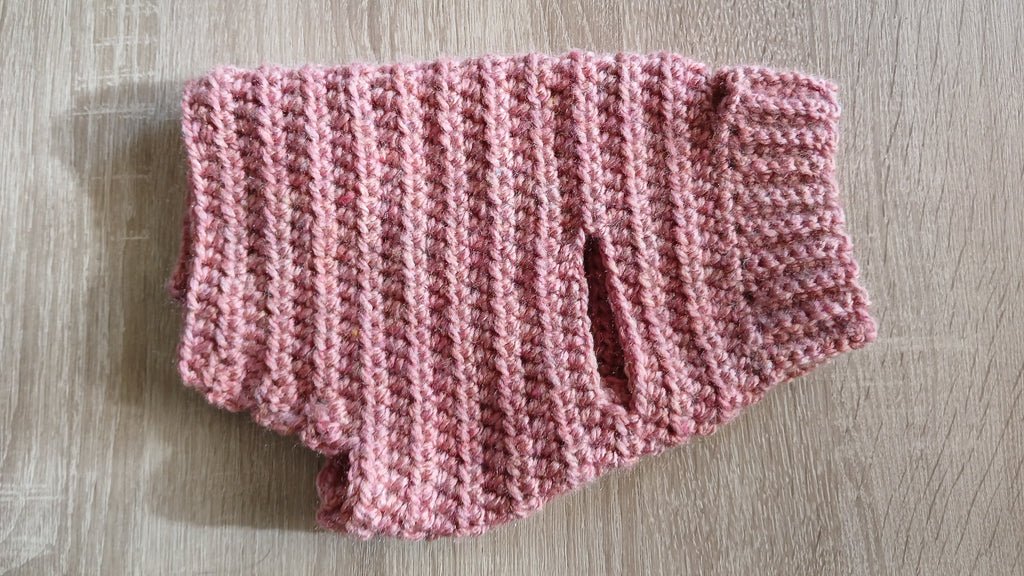 A flatlay of a crochet dog sweater in small size