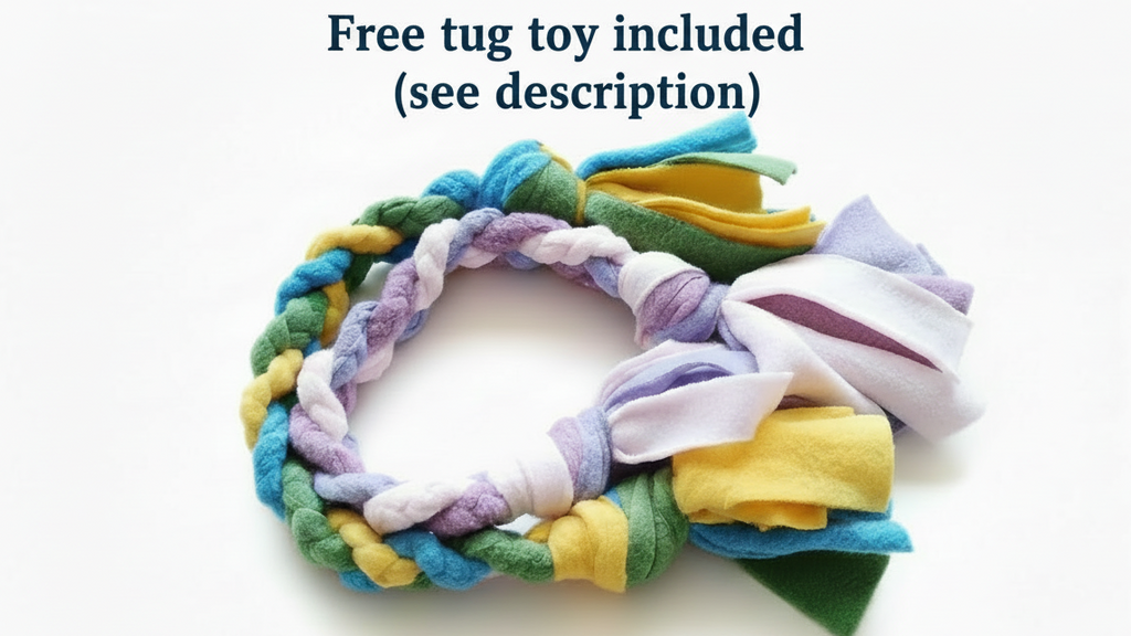 Colorful braided tug toy on a white background with text about a free tug toy included.