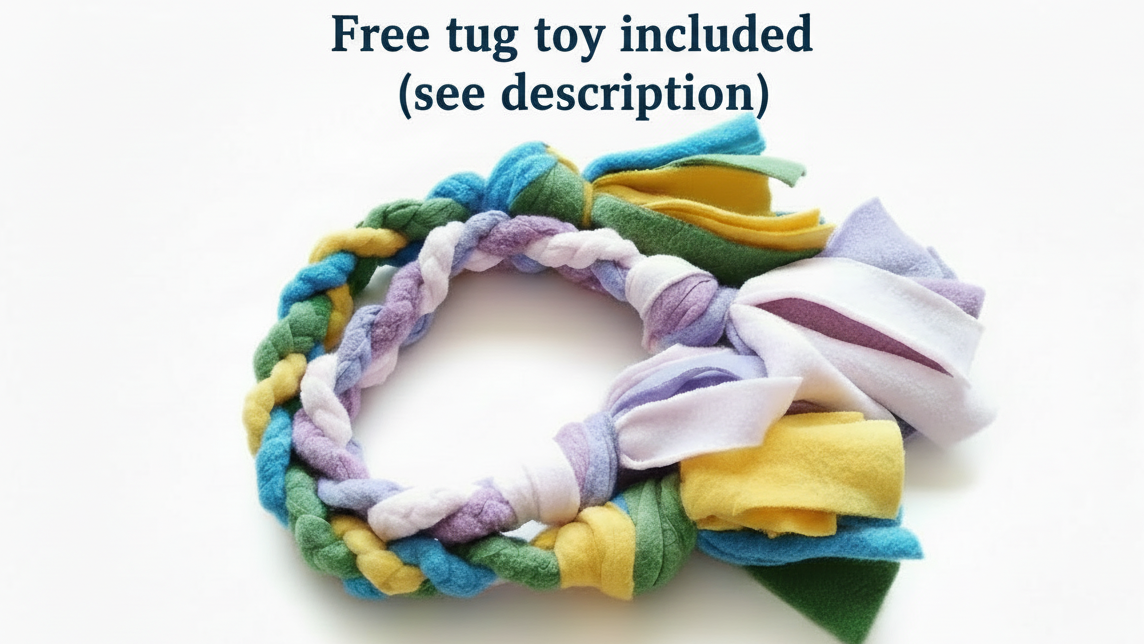 Colorful braided tug toy on a white background with text about a free tug toy included.