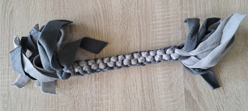 Dog tug toy in two shades of gray