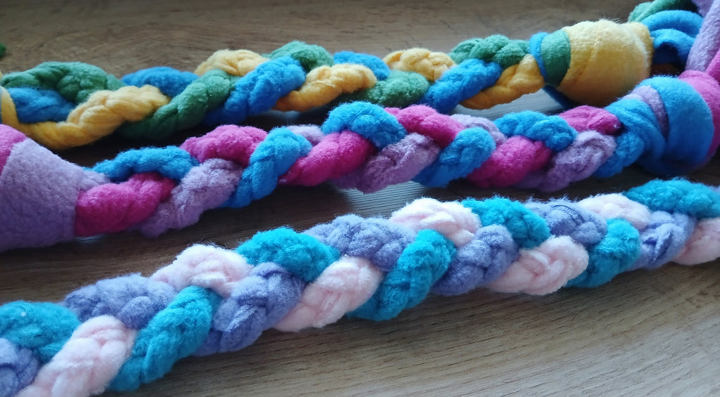 Close up on colorful dog tug toys