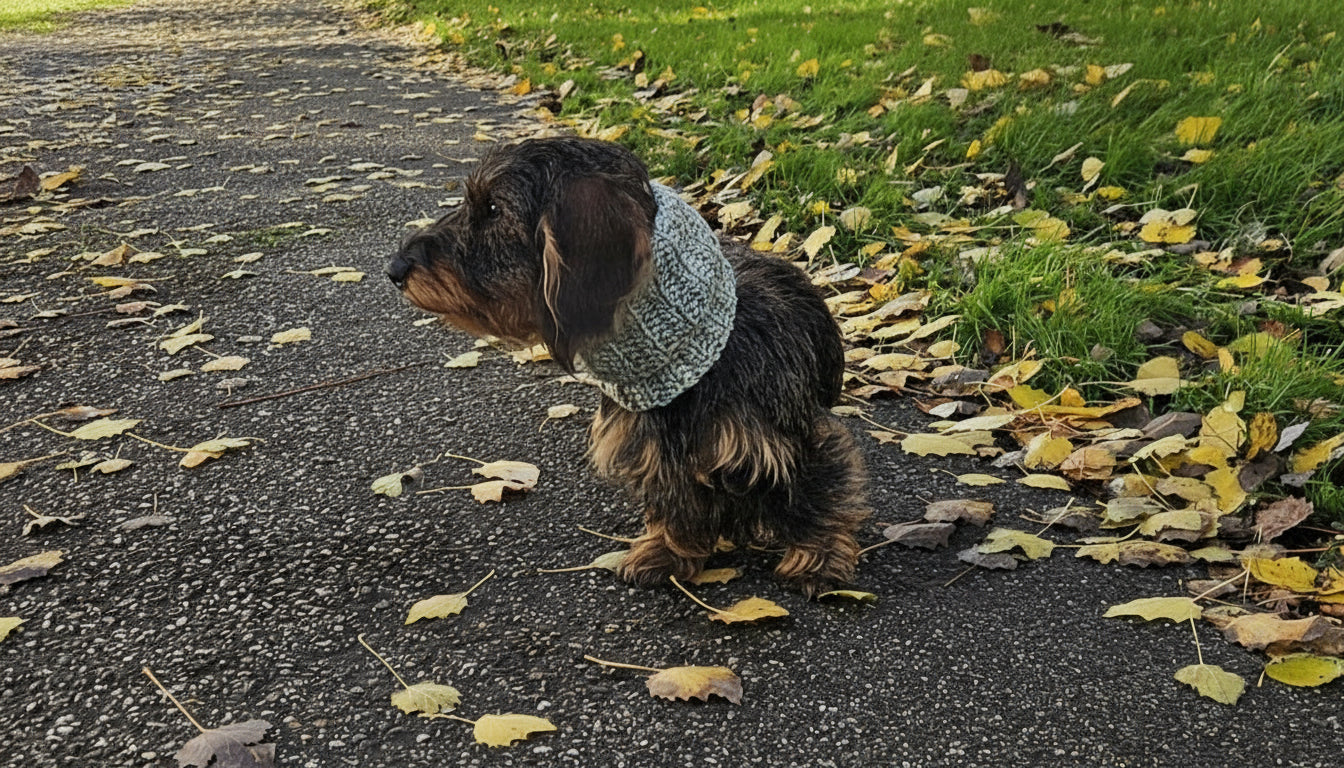 A dachshund wearing a crochet dog snood in light green