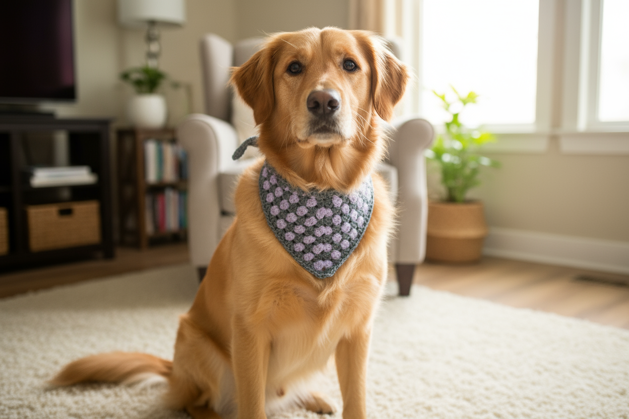 Donkergrijze en lila hondenbandana, handgemaakte puppyhalsband, gehaakte kleding voor huisdieren, maat XS-L
