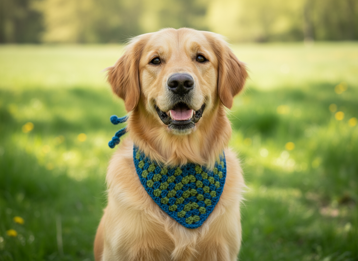 Turquoise &amp; Khaki Hondenbandana, Handgemaakte Puppyhalsband, Gehaakte Huisdierenkleding, Maat XS-L