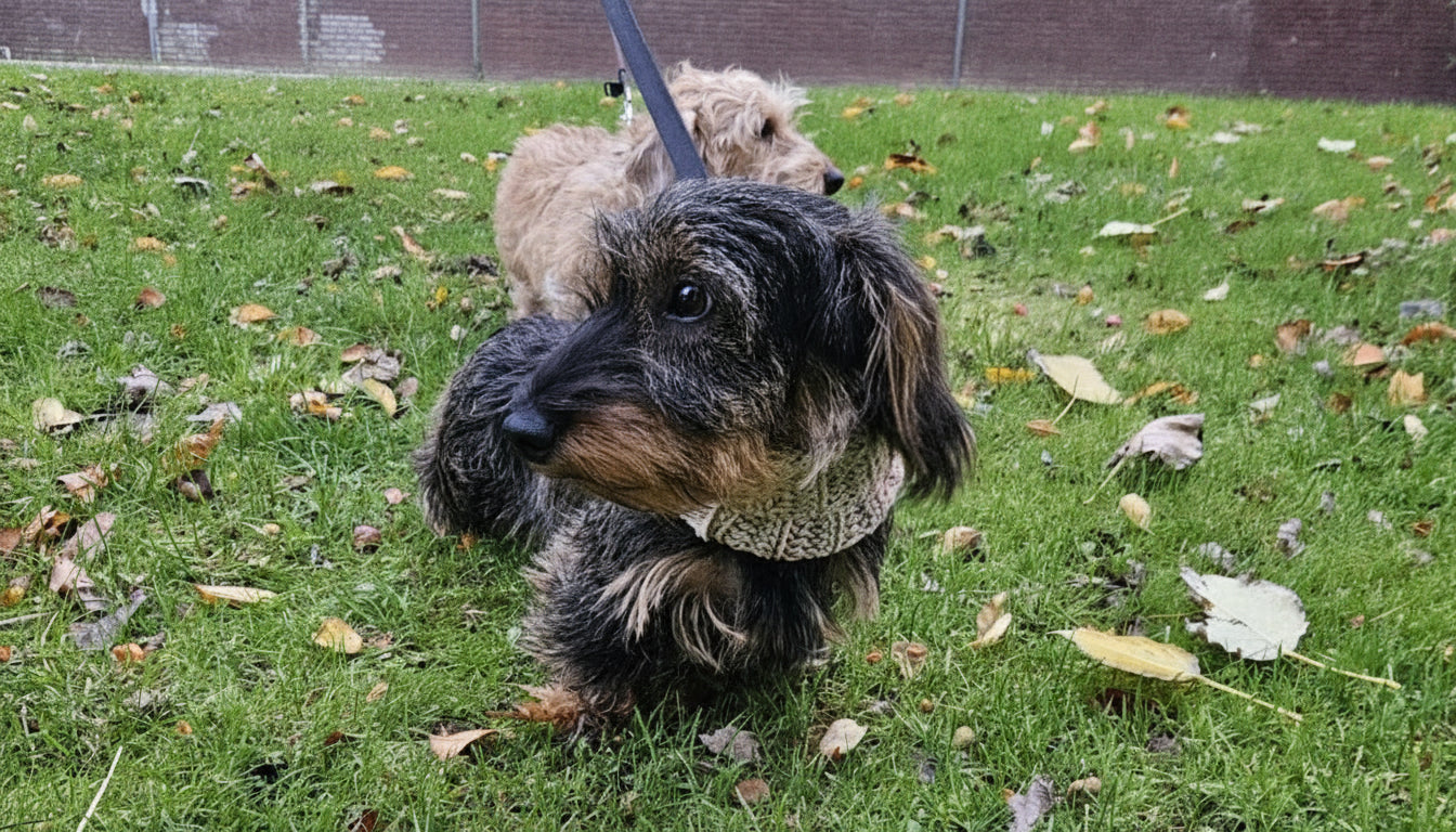Two dachshunds on a walk, both looking to the side, one of them is wearing a pastel rainbow dog scarf