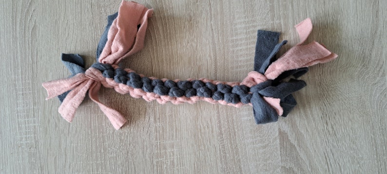 Dog tug toy in dark gray and baby pink