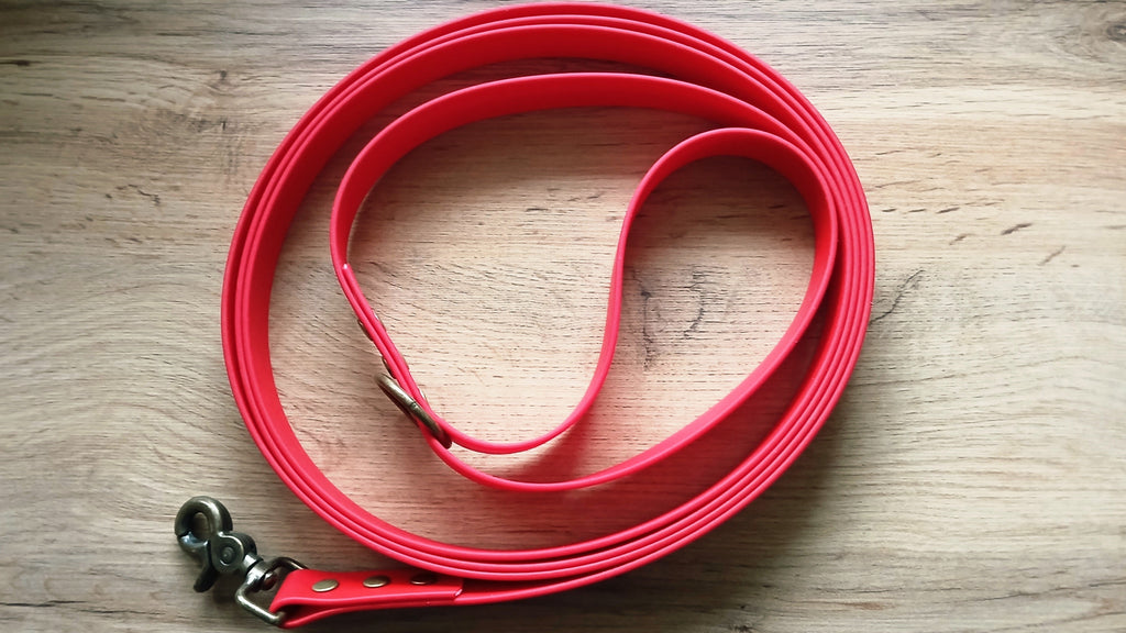 Red biothane dog leash on a wooden surface