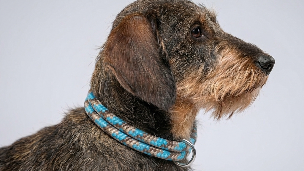 Dog wearing a blue and brown patterned collar on a light gray background
