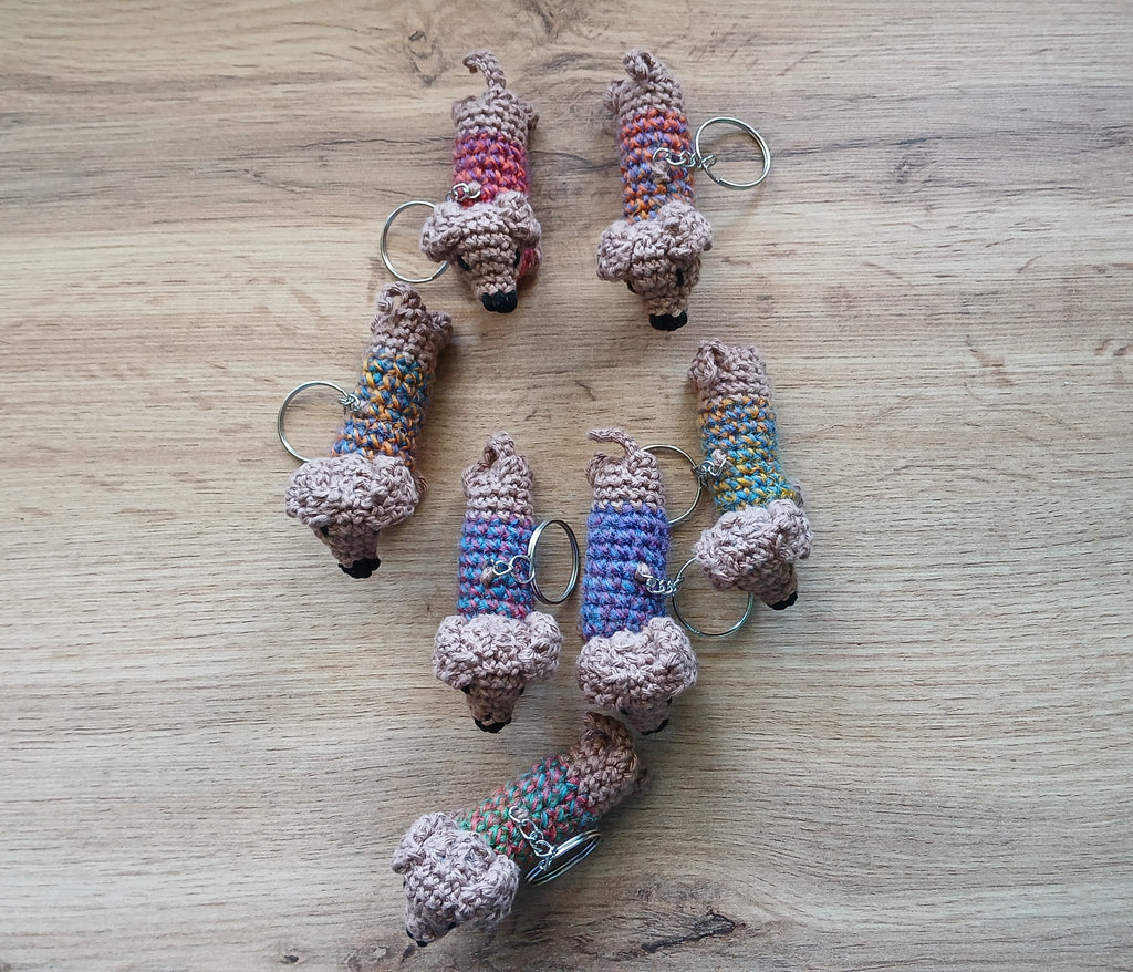 A bunch of sausage dogs in colorful sweaters 