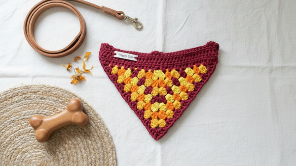 Kleine hondenbandana, gehaakte hondensjaal, katoenen bandana die over de halsband geschoven kan worden - Rood, Oranje &amp; Geel