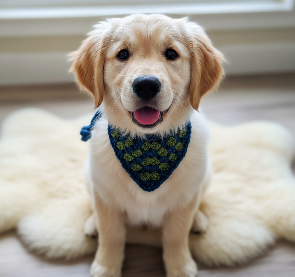 Turquoise &amp; Khaki Hondenbandana, Handgemaakte Puppyhalsband, Gehaakte Huisdierenkleding, Maat XS-L