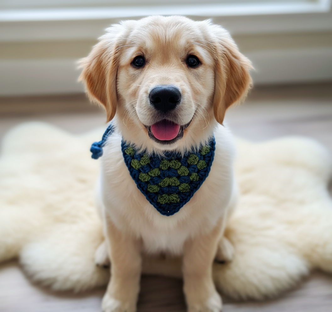 Turquoise &amp; Khaki Hondenbandana, Handgemaakte Puppyhalsband, Gehaakte Huisdierenkleding, Maat XS-L