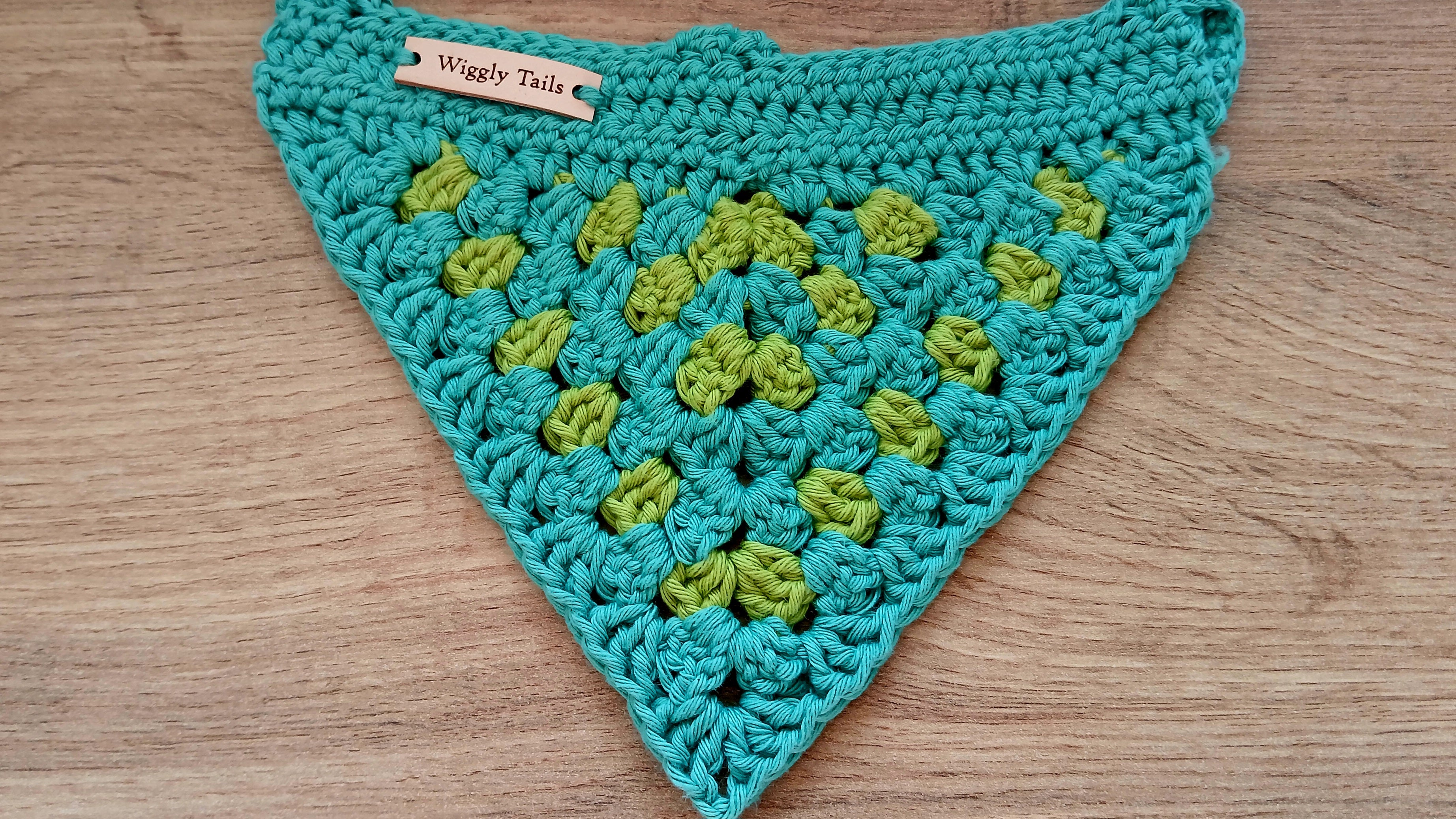Crocheted aqua green and lime dog bandana