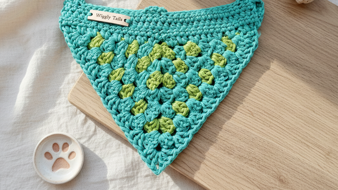 Kleine hondenbandana in aquagroen en limoengroen, gehaakte hondensjaal, katoenen bandana om over de halsband te schuiven