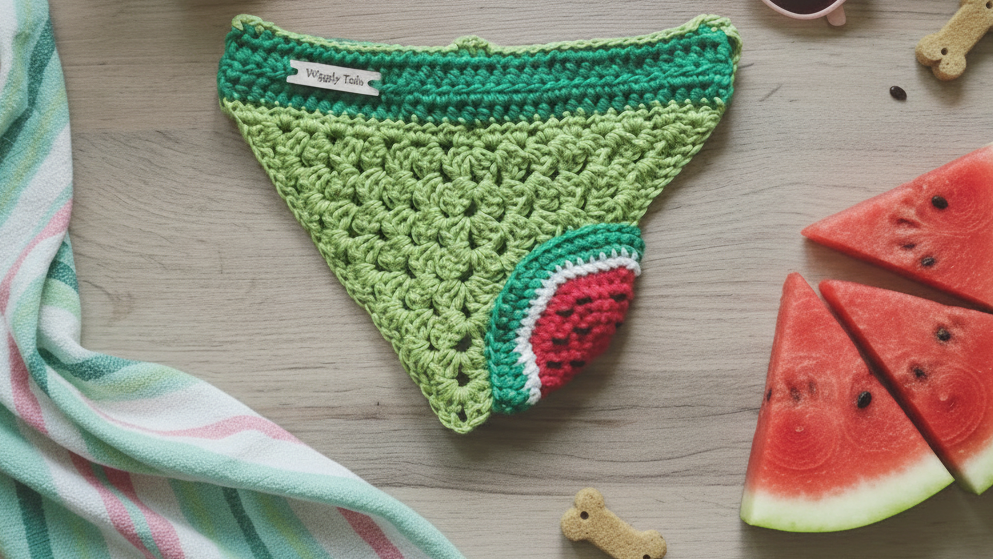 Watermelon Dog Bandana, Crochet Dog Scarf, Slip Over The Collar Cotton Bandana - Size Small