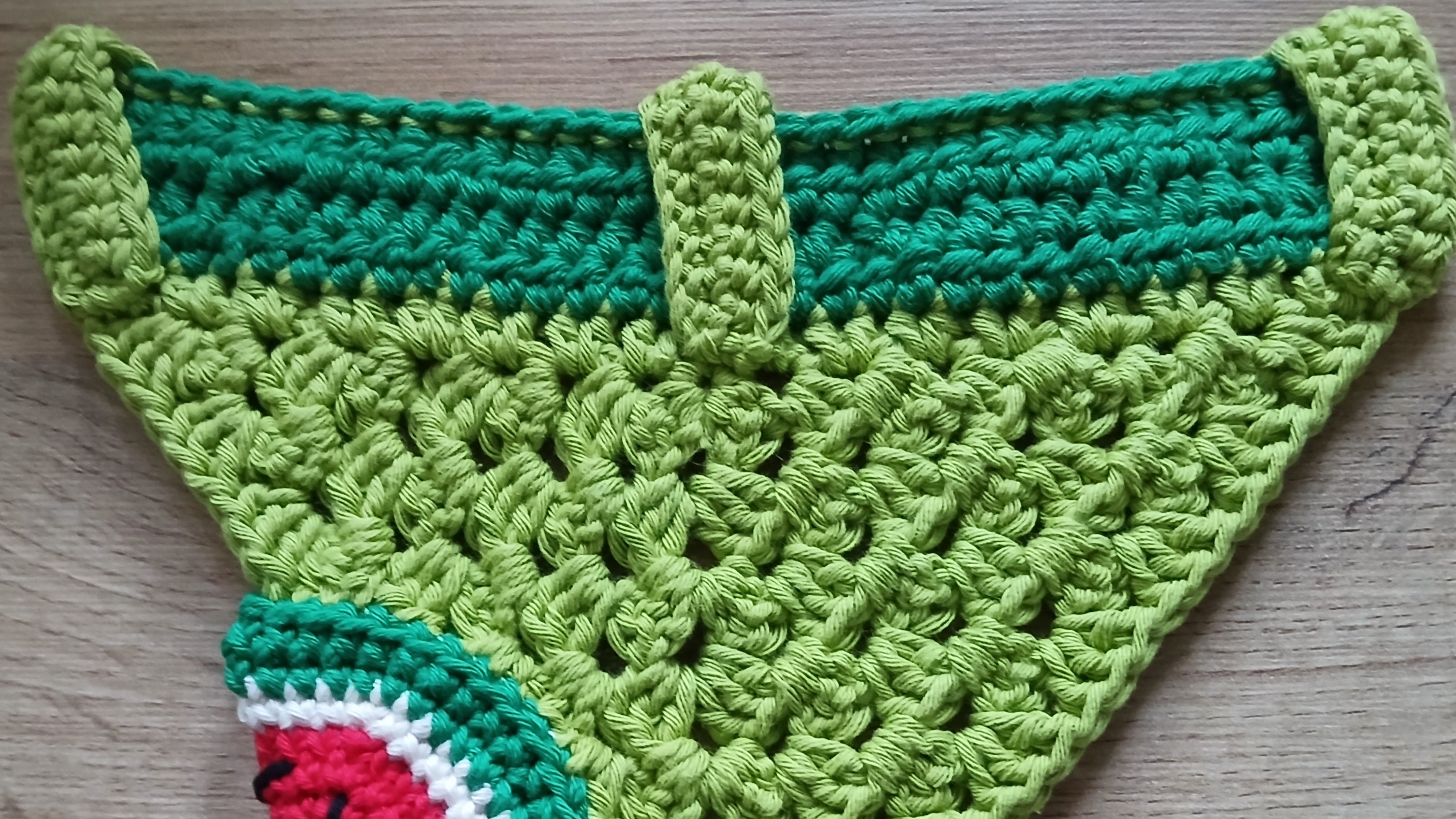 Green crochet dog bandana with a watermelon design