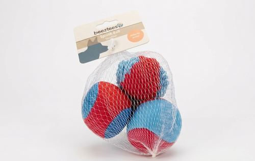 Three red and blue textured water balls in a bag with a 'Beeztees' label on a white background.