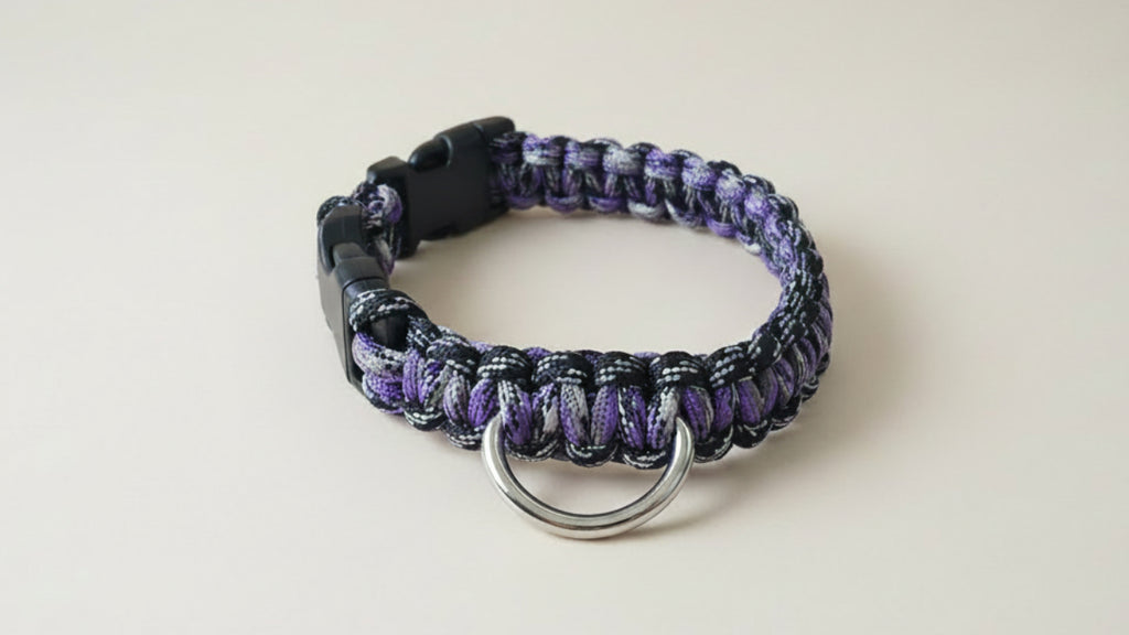 Handmade dog collar with purple and black pattern
