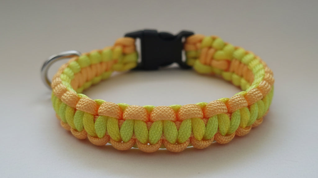 Neon Yellow paracord dog collar with a black buckle