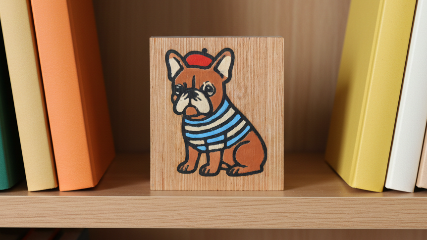 Miniatuurschilderij van een Franse bulldog – Gegraveerde en handgeschilderde houten tegel
