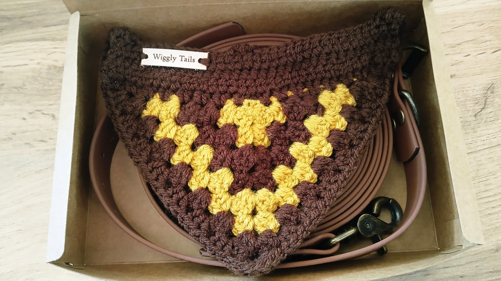 Brown Biothane Dog Collar and Leash Set With Crochet Dog Bandana - Handcrafted Dog Walking Bundle