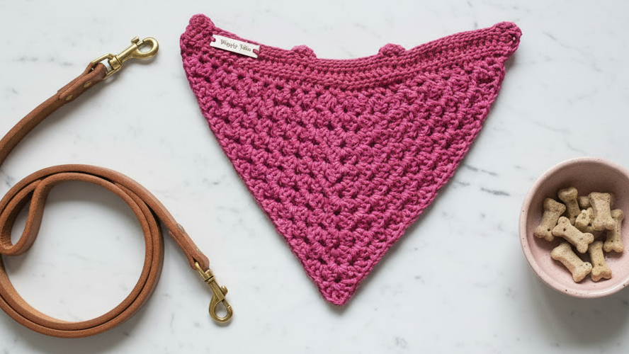 Large Raspberry Red Dog Bandana, Crochet Dog Scarf, Cotton Slip Over The Collar Bandana