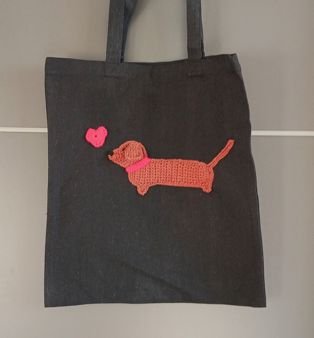 Dachshund Love Tote Bag, One of a Kind Shopping Bag, Cotton Canvas Reusable Market Bag - Chocolate Sausage Dog