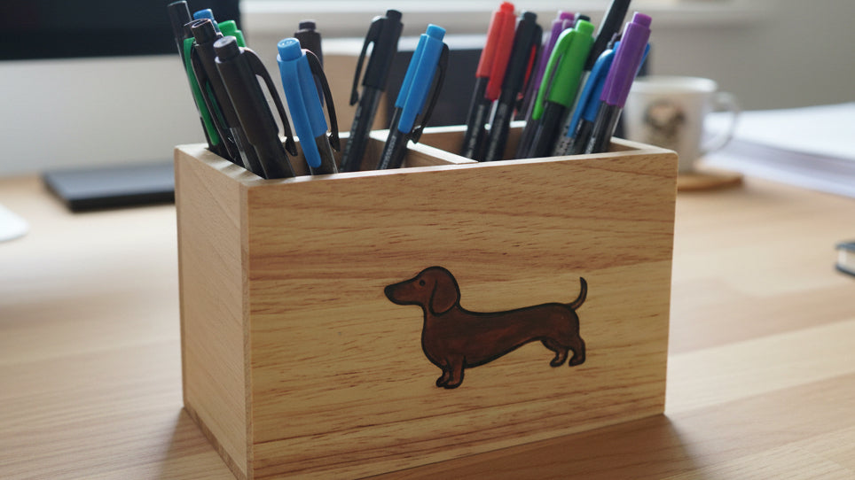 Bureau-organizer in de vorm van een teckel – Handgemaakte houten opbergdoos