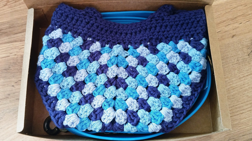 Blue Biothane Dog Collar and Leash Set With Crochet Dog Bandana - Handcrafted Dog Walking Bundle