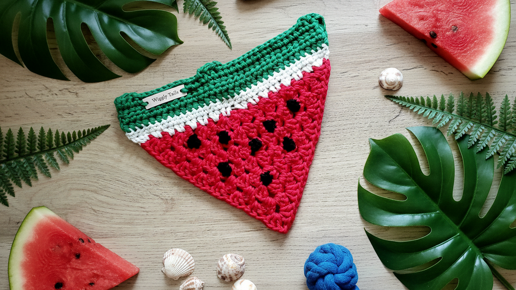 Hondenbandana met watermeloenprint, gehaakte hondensjaal, katoenen bandana om over de halsband te schuiven - maat S