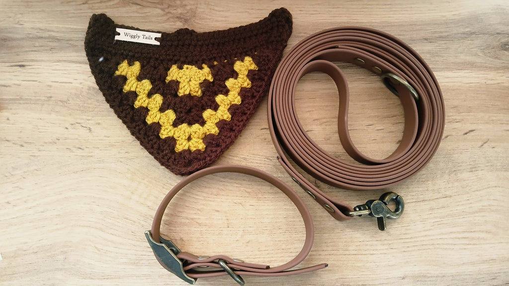 Brown Biothane Dog Collar and Leash Set With Crochet Dog Bandana - Handcrafted Dog Walking Bundle