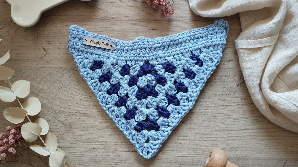 Kleine hondenbandana, gehaakte hondensjaal, katoenen bandana die over de halsband geschoven kan worden - lavendel en donkerblauw