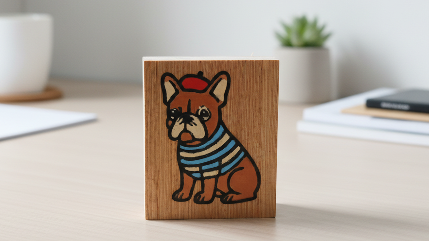 Miniatuurschilderij van een Franse bulldog – Gegraveerde en handgeschilderde houten tegel