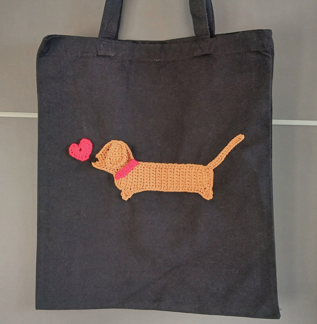 Dachshund Love Tote Bag, One of a Kind Shopping Bag, Cotton Canvas Reusable Market Bag - Light Brown Sausage Dog
