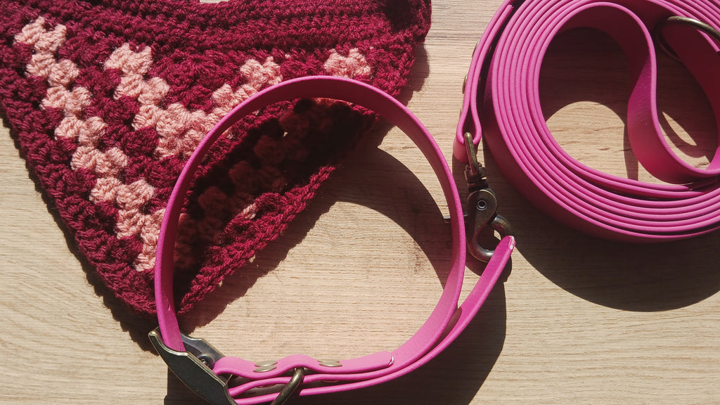 Roze Biothane Hondenhalsband en Riem Set Met Gehaakte Hondenbandana - Hondenuitlaatbundel