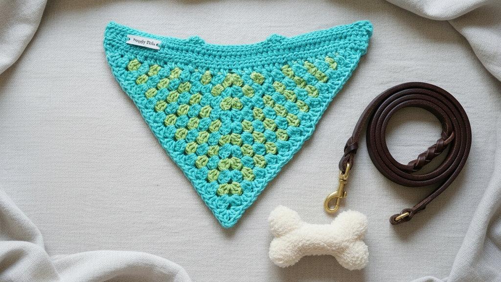 Großes türkis- und limettengrünes Hundehalstuch, gehäkelter Hundeschal, Baumwollhalstuch zum Überziehen über das Halsband