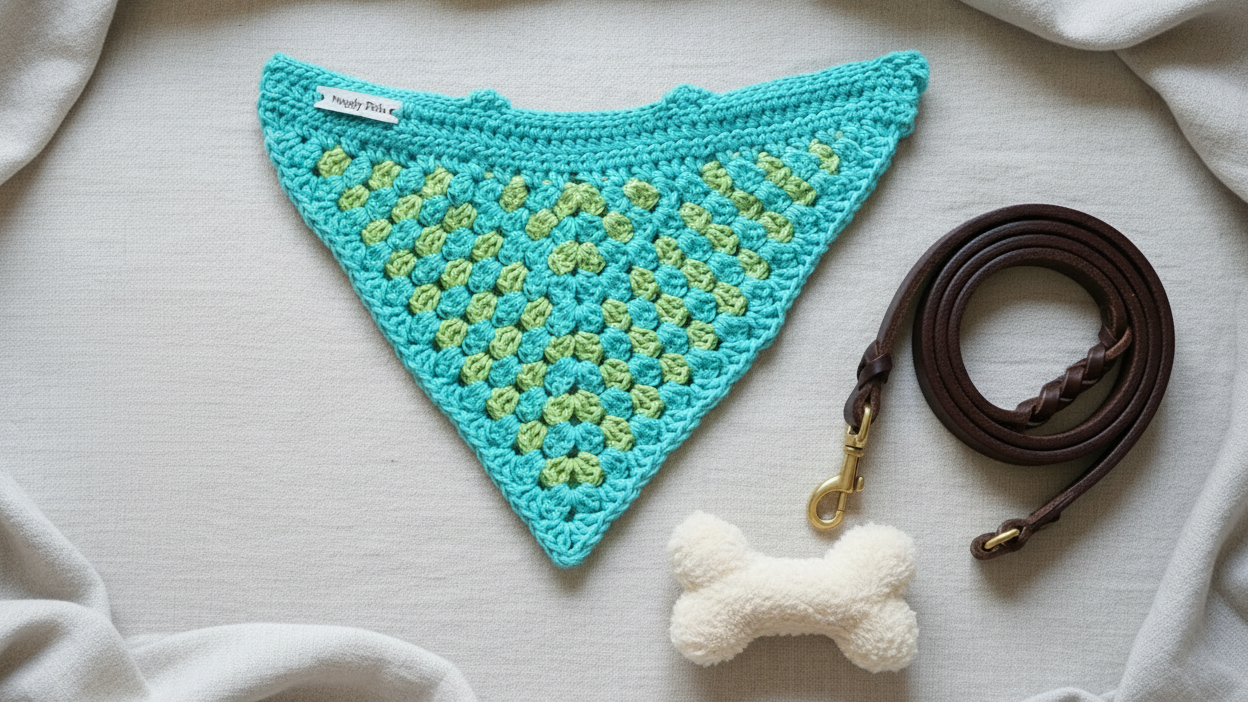 Grote turquoise en limoengroene hondenbandana, gehaakte hondensjaal, katoenen bandana om over de halsband te schuiven