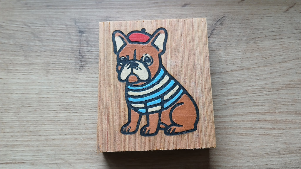 Miniatuurschilderij van een Franse bulldog – Gegraveerde en handgeschilderde houten tegel